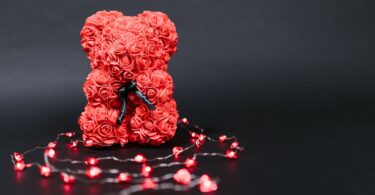 red teddy bear shaped valentine s gift on black background