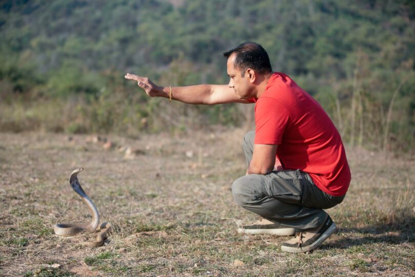 a man crouching near a cobra