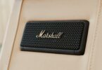 close up of marshall speaker in cream leather setting